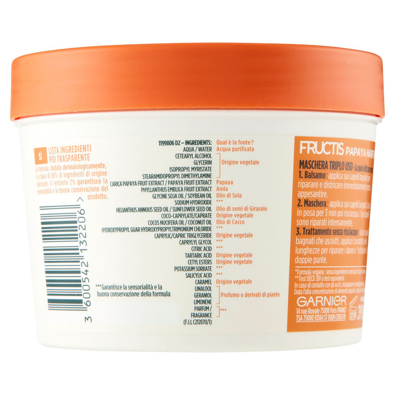 Garnier Maschera Riparatrice Fructis Hair Food, 3in1 Capelli Danneggiati, Papaya