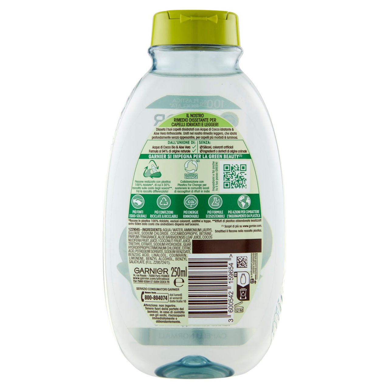 Garnier Shampoo Ultra Dolce Acqua di Cocco e Aloe Vera, Idrata i Capelli senza Appesantire, 250 ml