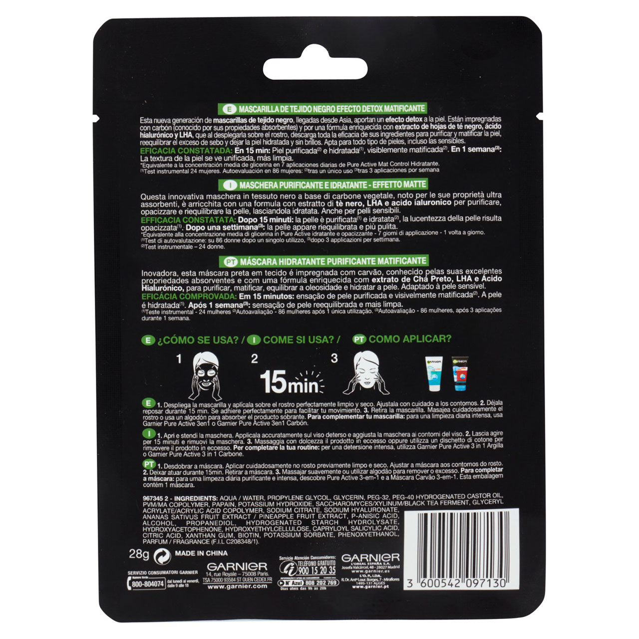 Garnier SkinActive Pure Charcoal Maschera Viso in Tessuto Purificante e Idratante