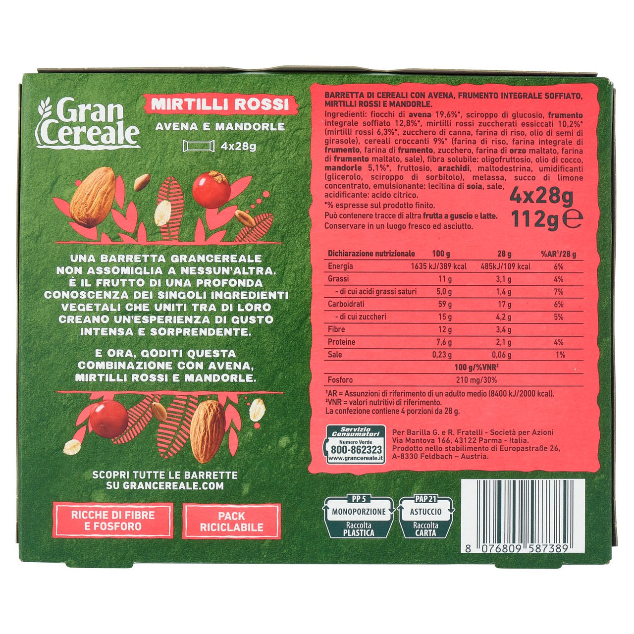 Gran Cereale Barrette Mirtilli Rossi, Avena e Mandorle 4 pezzi 112g