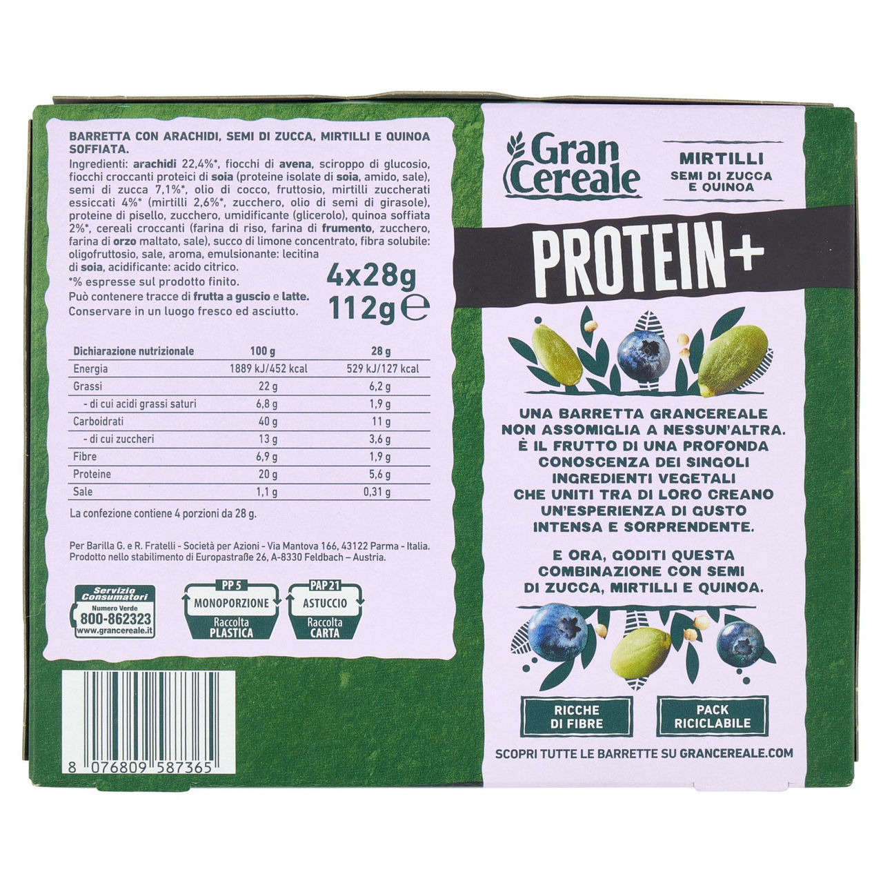 Gran Cereale Barrette Protein  Mirtilli, Semi di Zucca e Quinoa 4 pezzi 112g