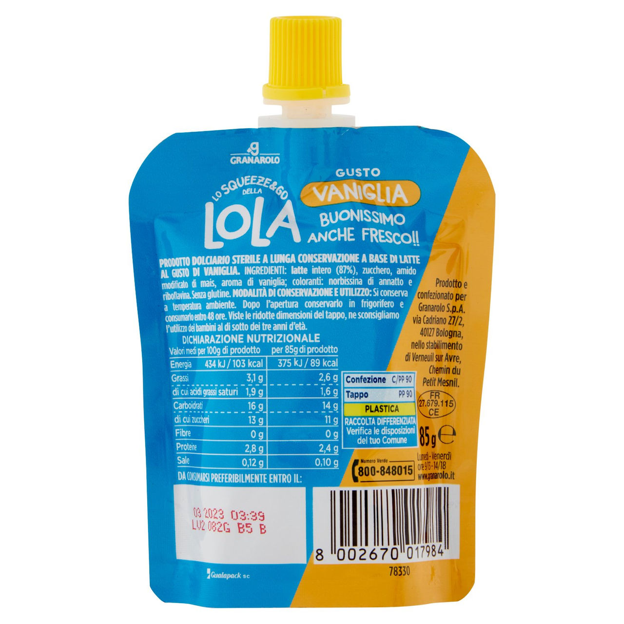 Granarolo lo Squeeze&go della Lola Gusto Vaniglia 85 g