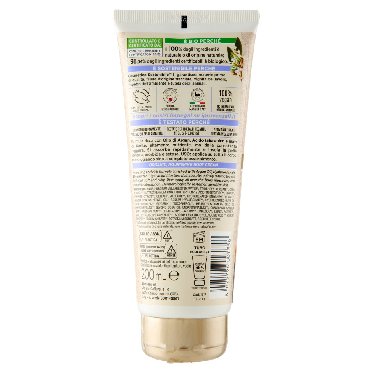 I Provenzali Bio Crema Corpo Biologica Argan 200 mL