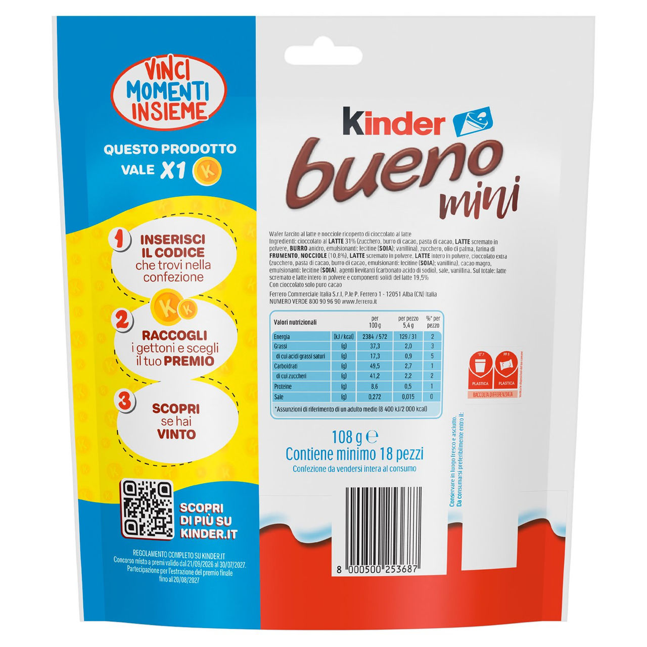 Kinder Bueno wafer farcito al latte e nocciole ricoperto di cioccolato al latte 108 g