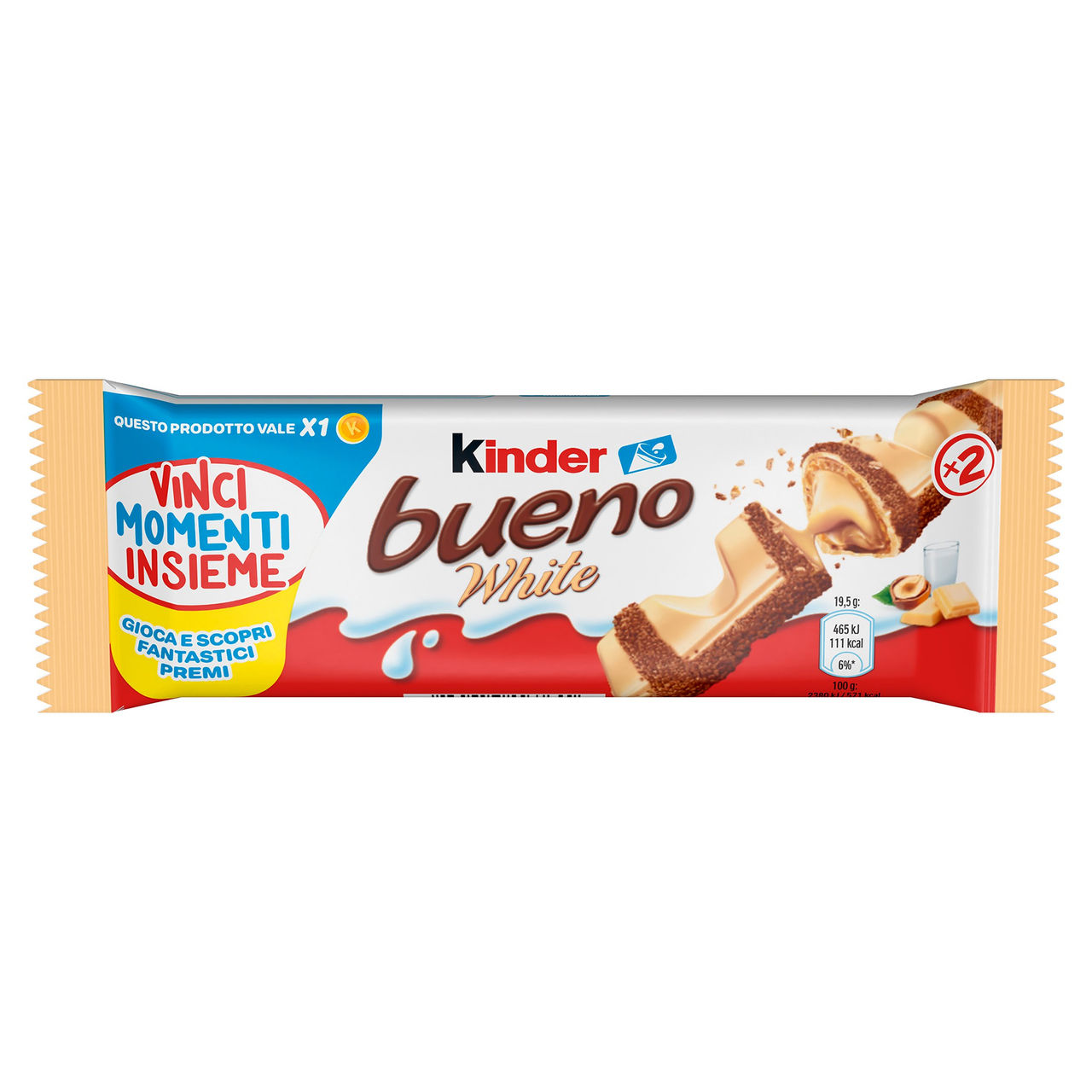Kinder Bueno White wafer farcito al latte e nocciole ricoperto di cioccolato bianco 39 g