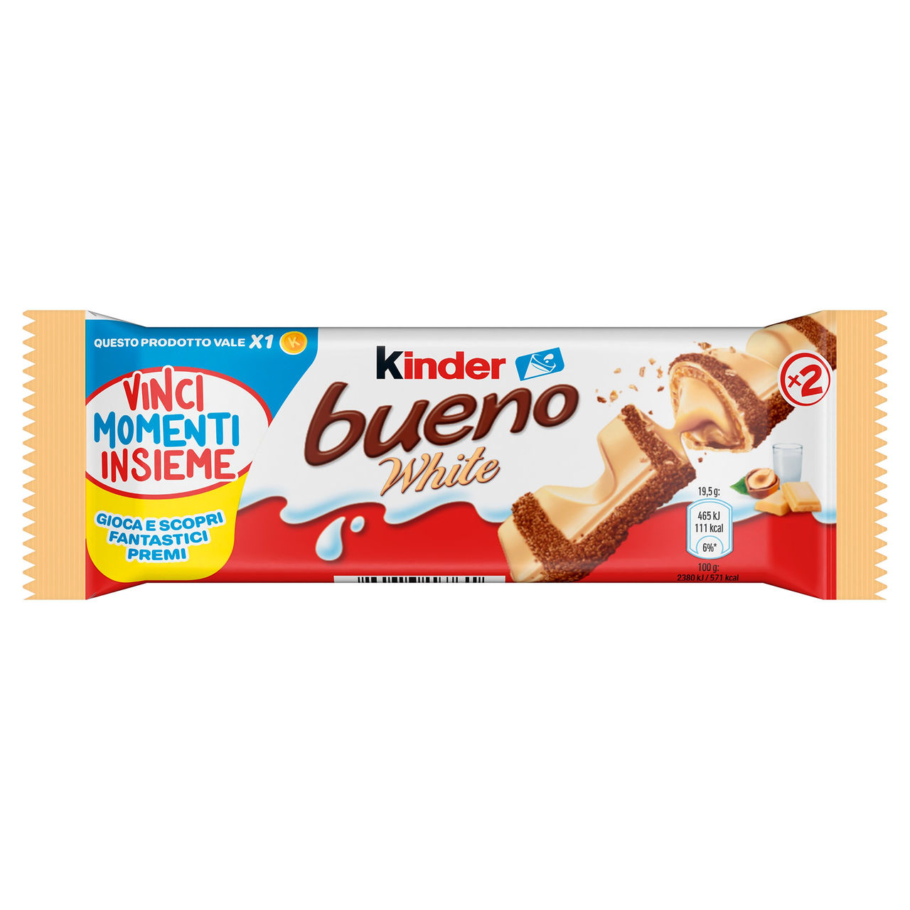 Kinder Bueno White wafer farcito al latte e nocciole ricoperto di cioccolato bianco 39 g