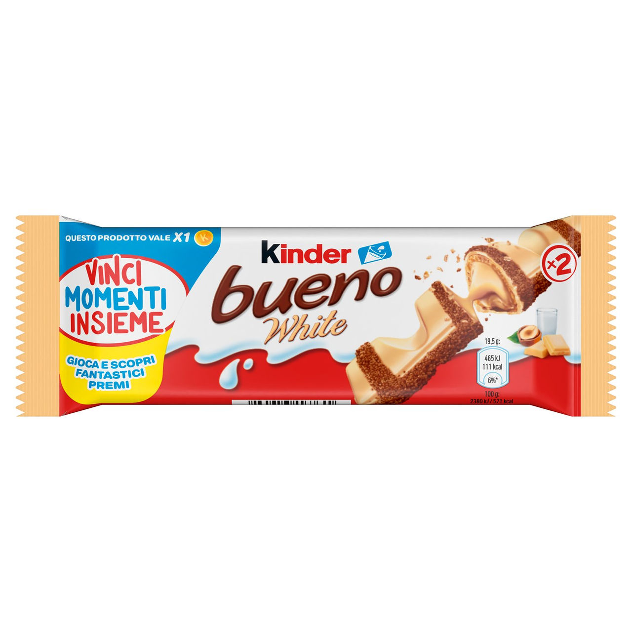 Kinder Bueno White wafer farcito al latte e nocciole ricoperto di cioccolato bianco 39 g
