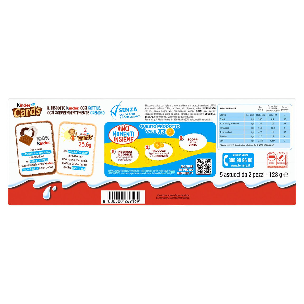 Kinder Cards biscotti con ripieno cremoso al latte e cacao 5 monoporzioni 128 g