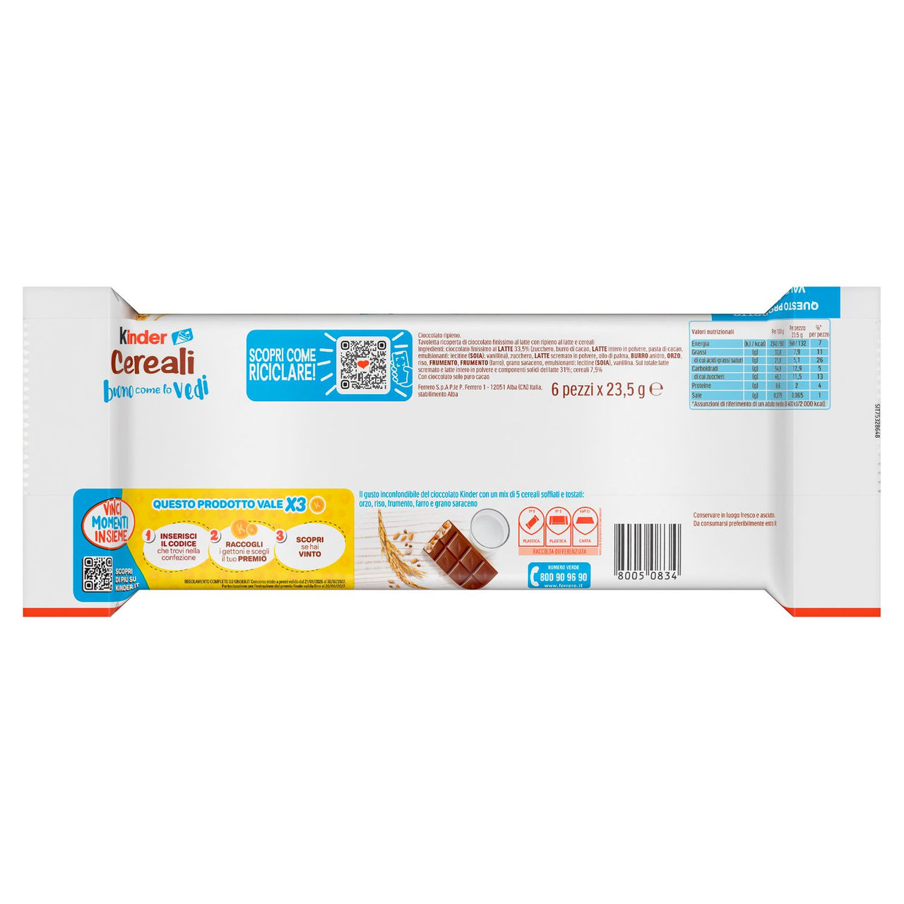 Kinder Cereali Tavolette di Cioccolato con ripieno al Latte e ai 5 Cereali 6 pezzi 141 g