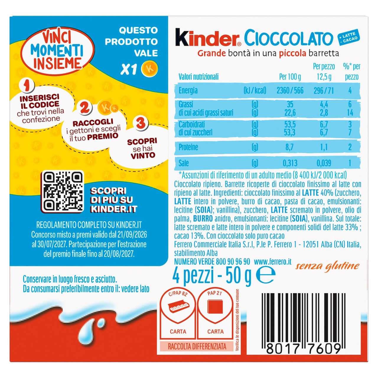 Kinder Cioccolato 4 x 12,5 g in vendita online