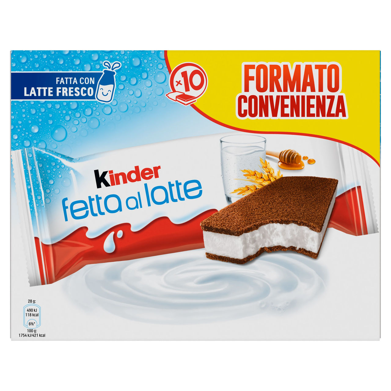Kinder Fetta al Latte: Merenda con due strati di pan di spagna e ripieno al latte e miele 10x28g