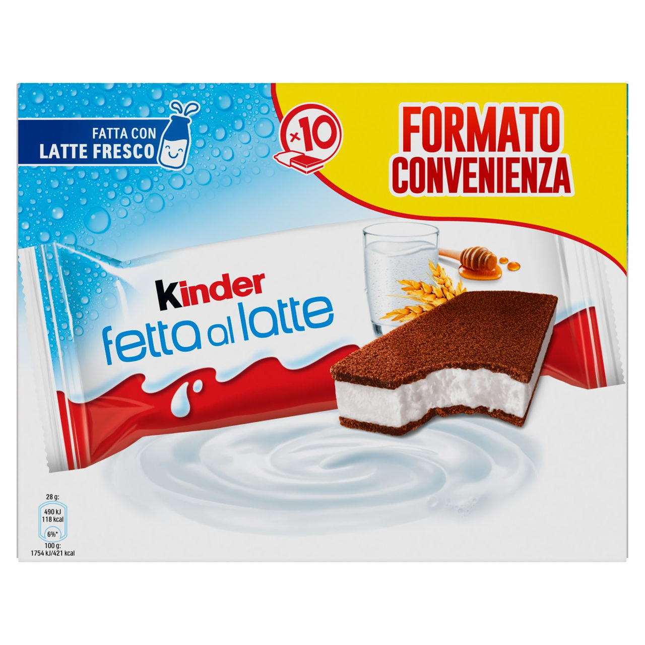 Kinder Fetta al Latte: Merenda con due strati di pan di spagna e ripieno al latte e miele 10x28g