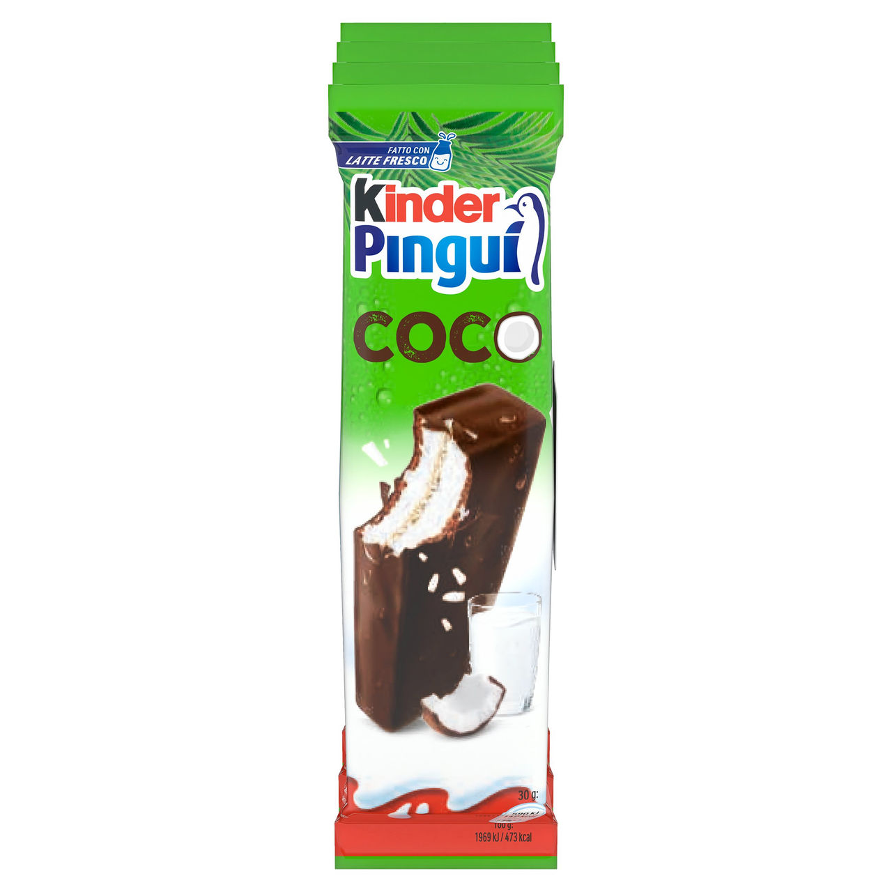 Kinder Pinguì Cocco: merenda con cioccolato fondente, pan di spagna e ripieno al latte e cocco 4x30g