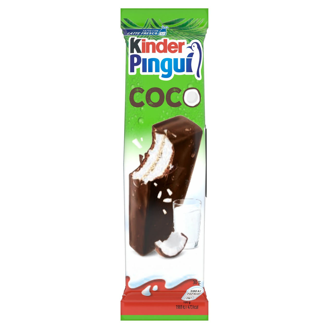 Kinder Pinguì Cocco: merenda con cioccolato fondente, pan di spagna e ripieno al latte e cocco 4x30g