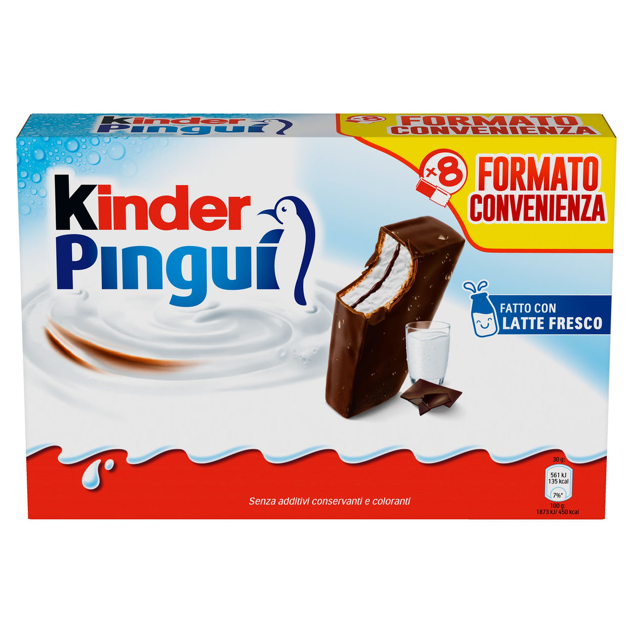 Kinder Pinguì: Merenda con pan di spagna, ripieno al latte e copertura al cioccolato fondente 8x30g
