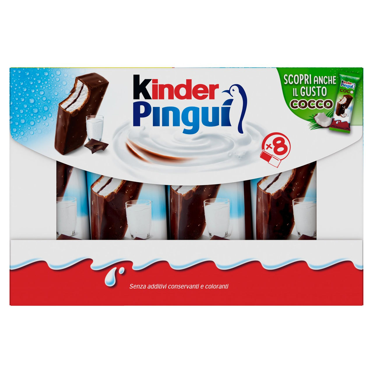 Kinder Pinguì: Merenda con pan di spagna, ripieno al latte e copertura al cioccolato fondente 8x30g