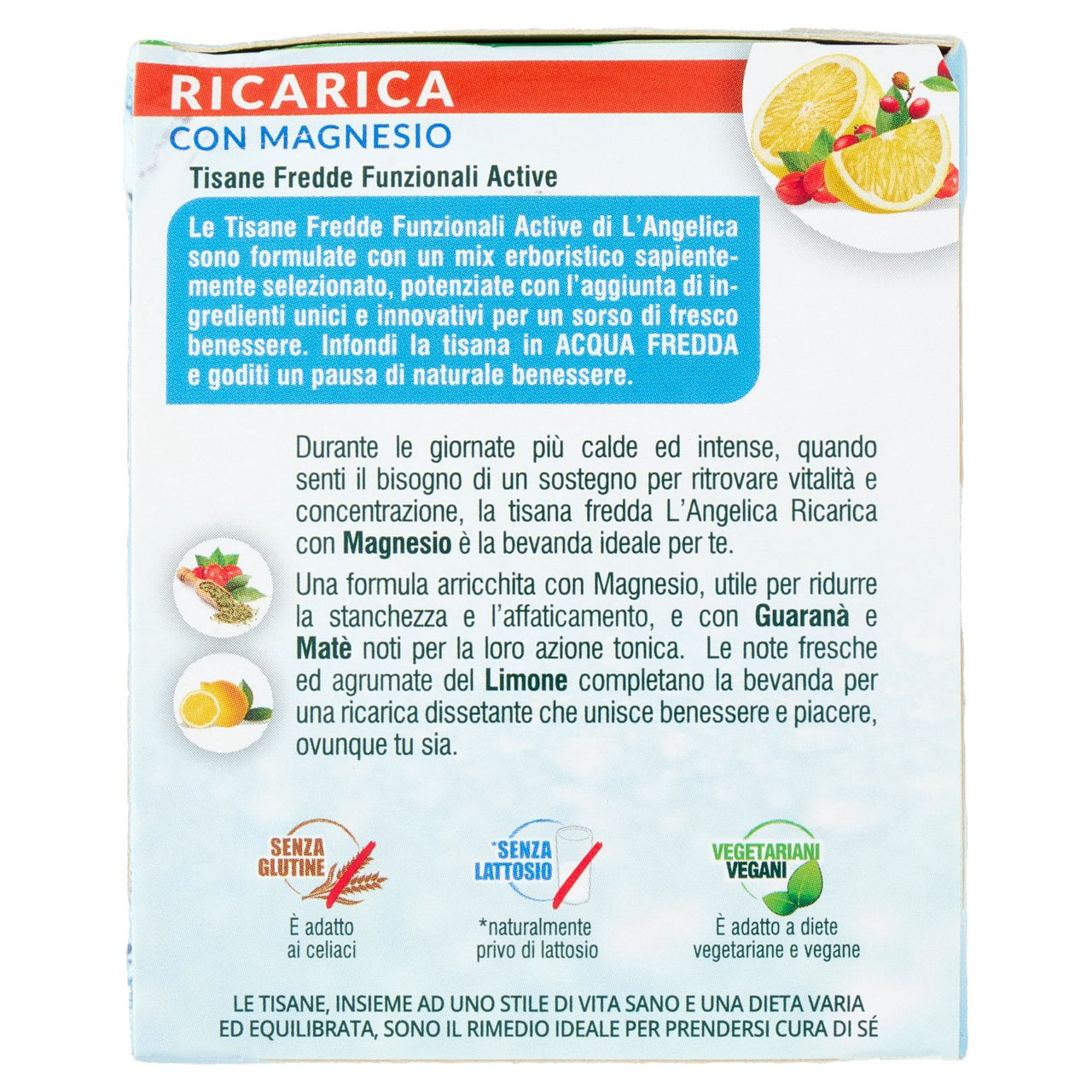 L'Angelica Tisana Fredda Ricarica con Magnesio Limone con Guaranà 18 Filtri 36 g