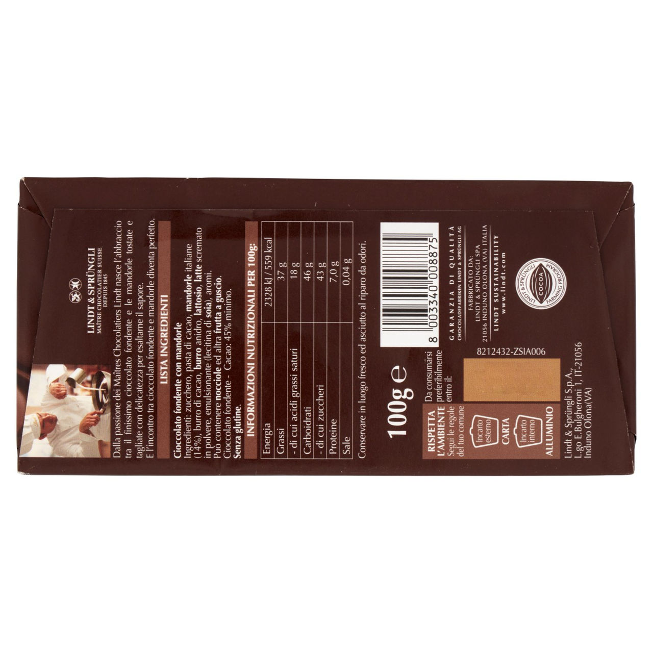 Lindt Gamme Bleue Tavoletta Cioccolato fondente Mandorle 100 g