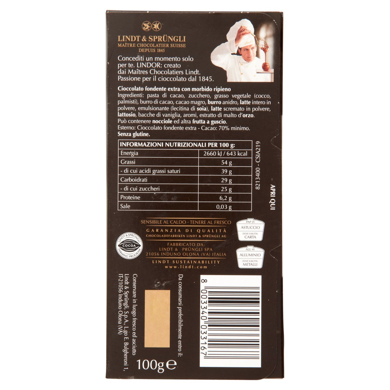 Lindt Lindor Tavoletta Cioccolato extra fondente 70% 100 g
