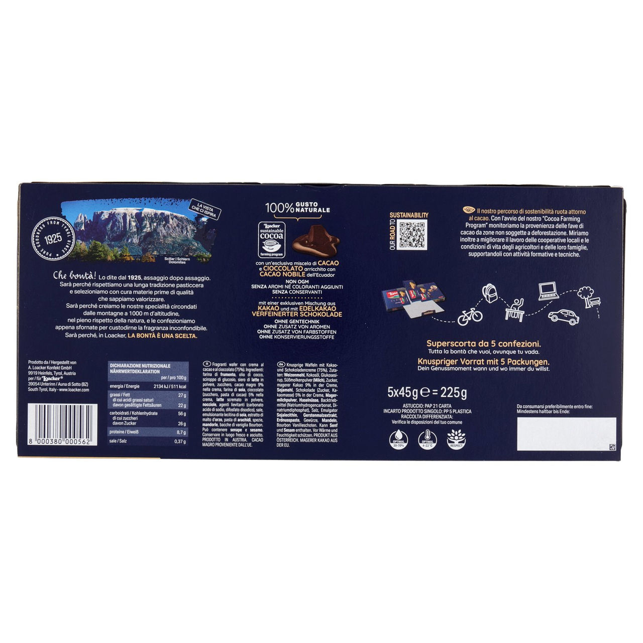 Loacker Classic Cremkakao Wafer con crema al Cioccolato e Cacao Nobile dell'Ecuador Wafers 45gx5
