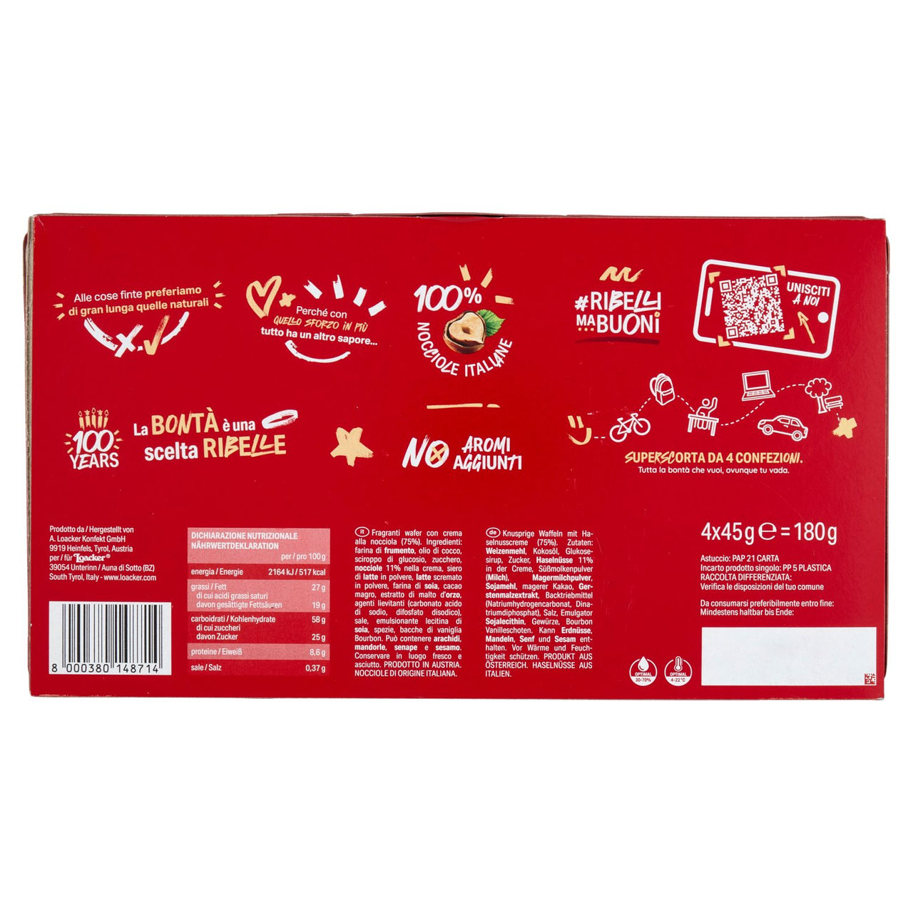 Loacker Classic Napolitaner Wafer con crema alle Nocciole 100% Italiane Wafers 45gx4