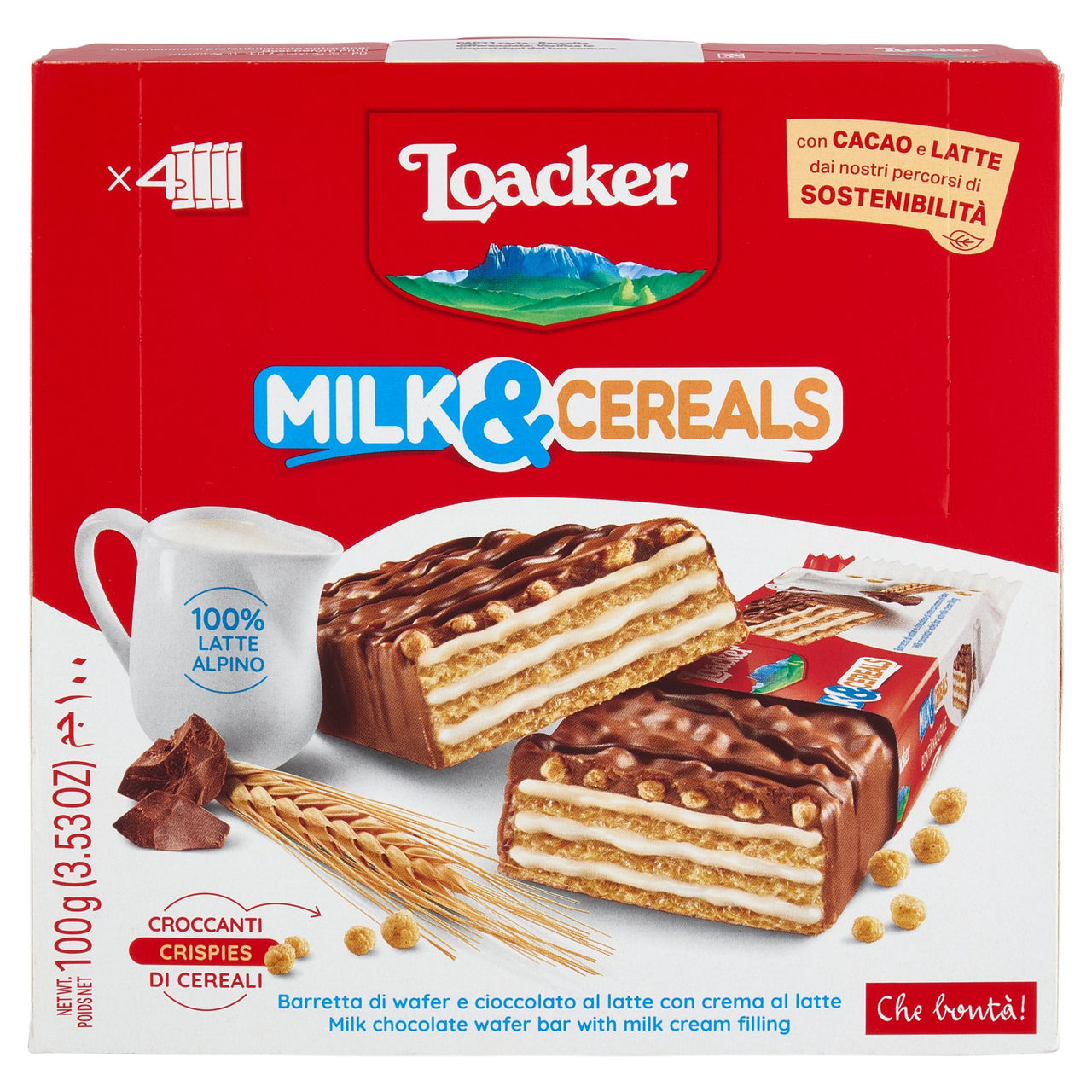 Loacker Milk & Cereals Barrette di Wafer e Cioccolato al Latte con crema al Latte 25gx4