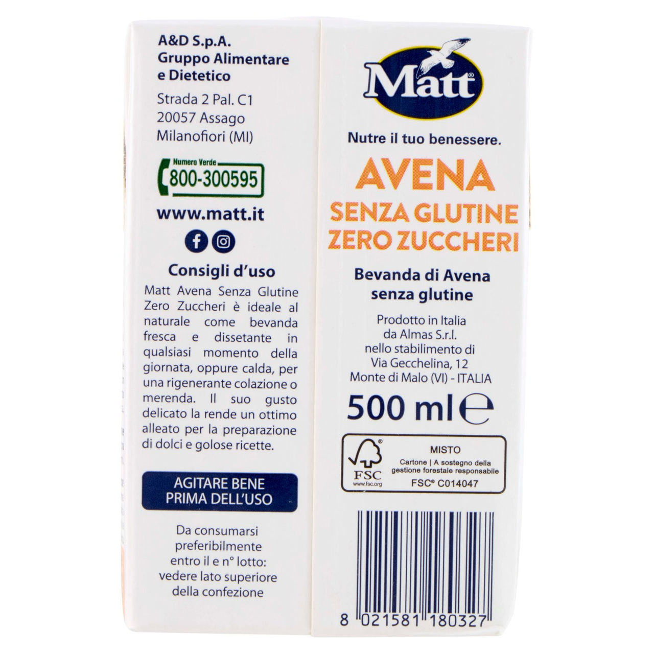 Matt Avena Senza Glutine Zero Zuccheri 500 ml