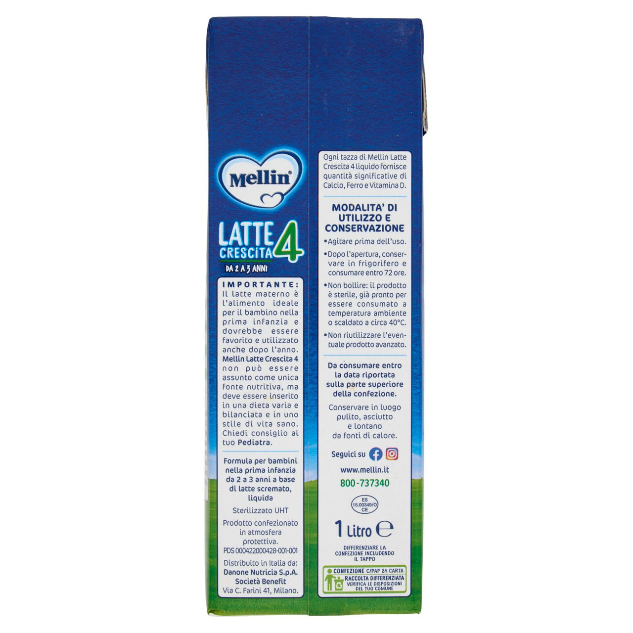 MELLIN 4 - Latte di Crescita Liquido, dal 24° mese compiuto al 36°, Fonte di Ferro, 1L