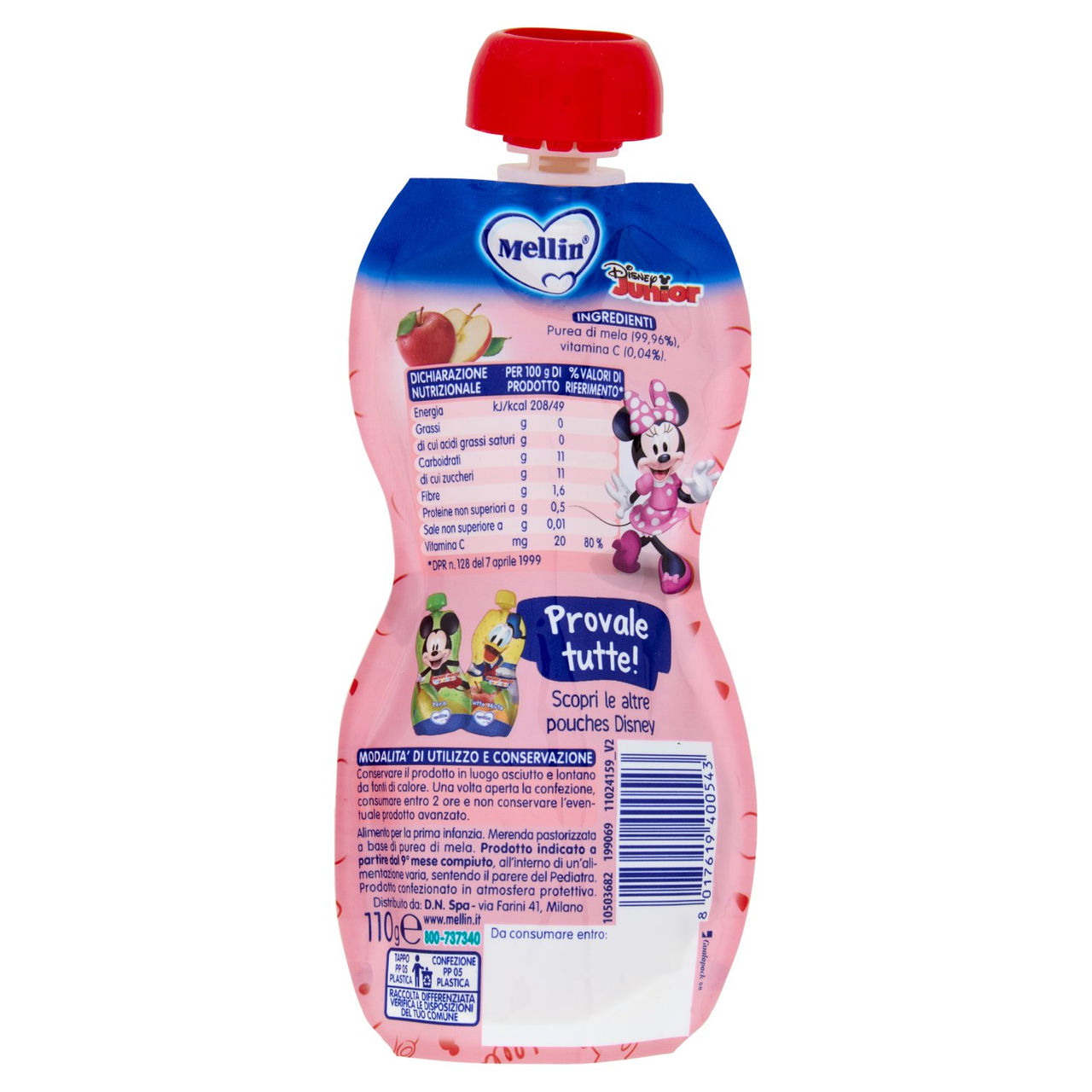 MELLIN Disney Minnie Merenda di Frutta 100% con VitC, Mela, dal 9° mese, 110g