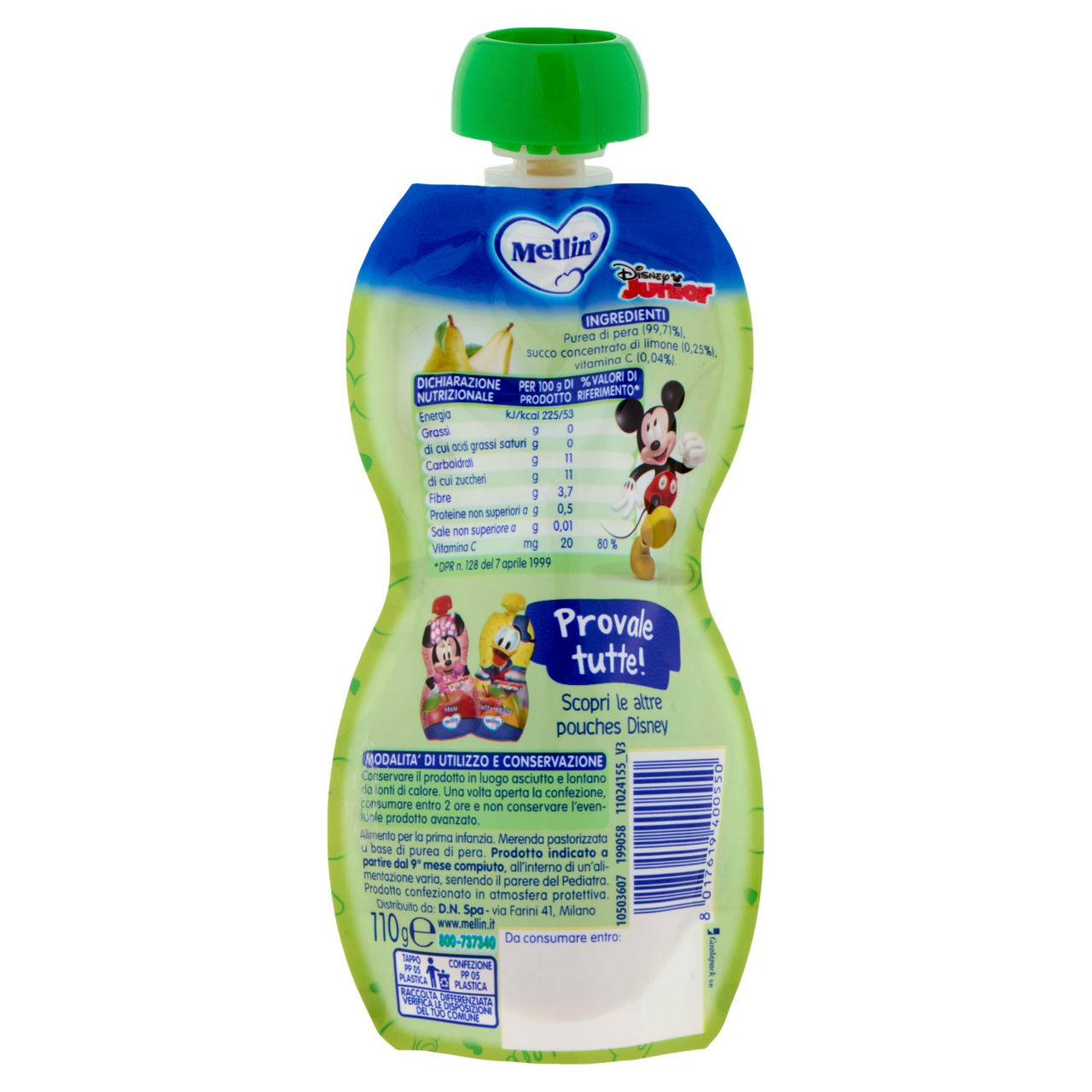 MELLIN Disney Topolino Merenda di Frutta 100% con VitC, Pera, dal 9° mese, 110g