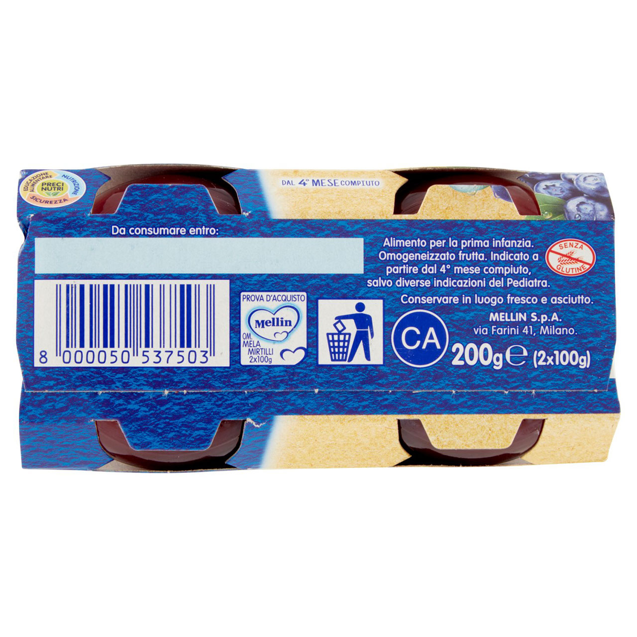 Mellin Mela Mirtilli 100% Naturale Omogeneizzato 2 x 100 g