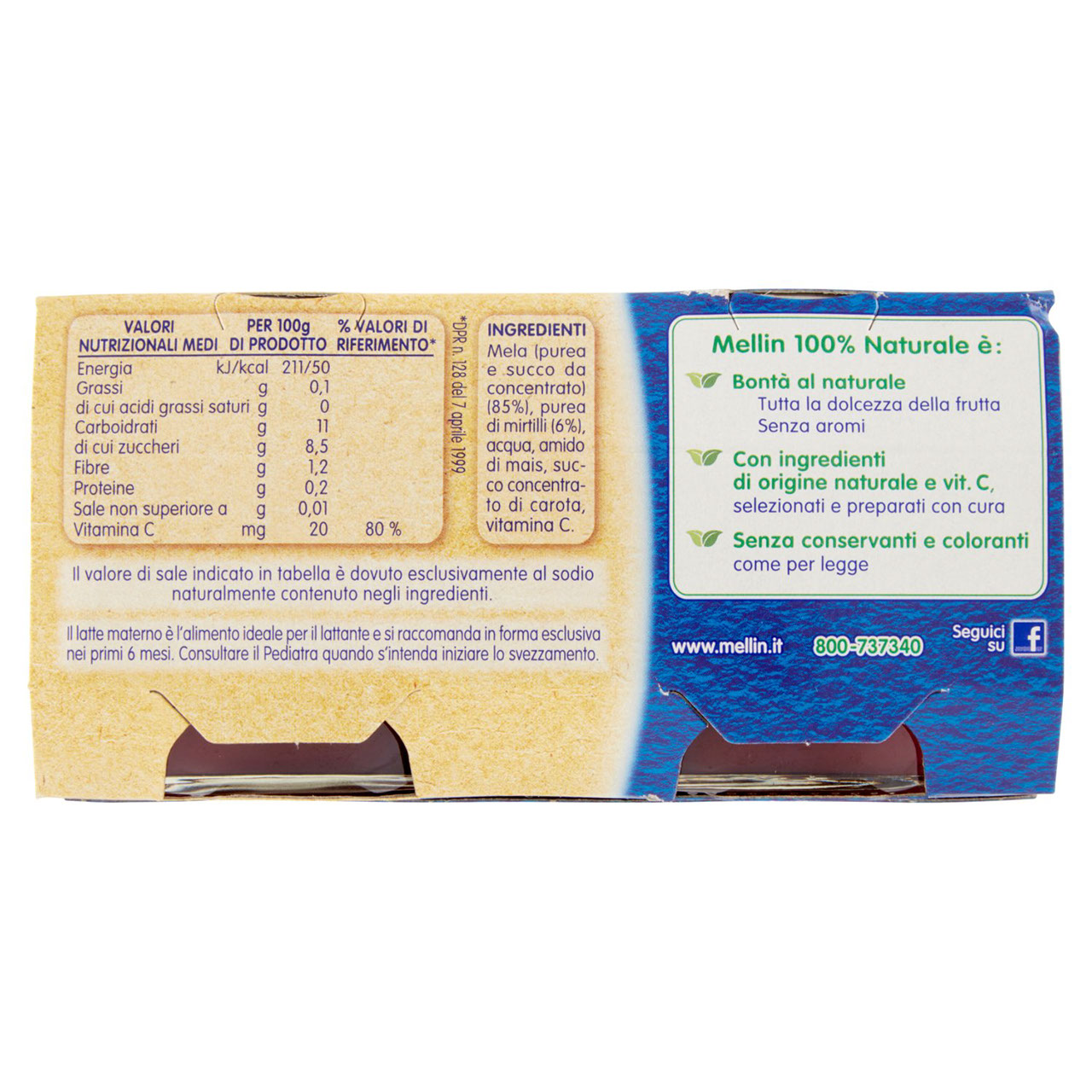 Mellin Mela Mirtilli 100% Naturale Omogeneizzato 2 x 100 g