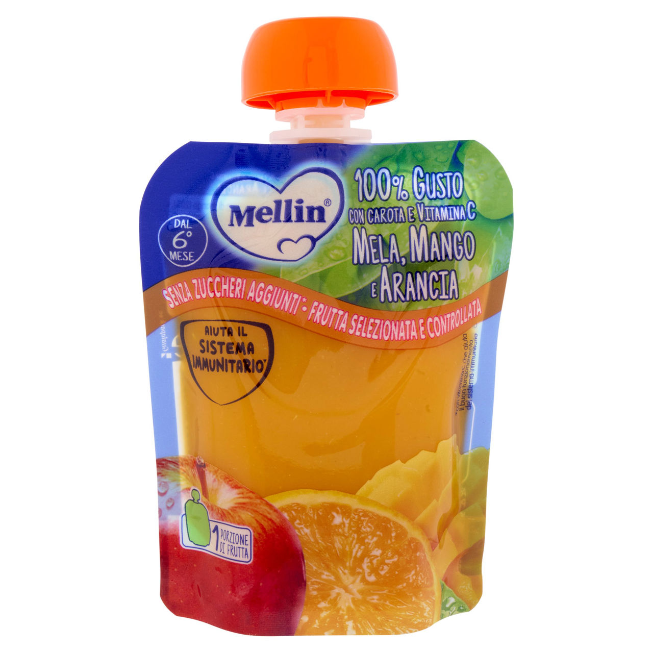 MELLIN Merenda di Frutta 100% con Carota, Arancia e Mango, a partire dal 6° mese, Pouch 90 g