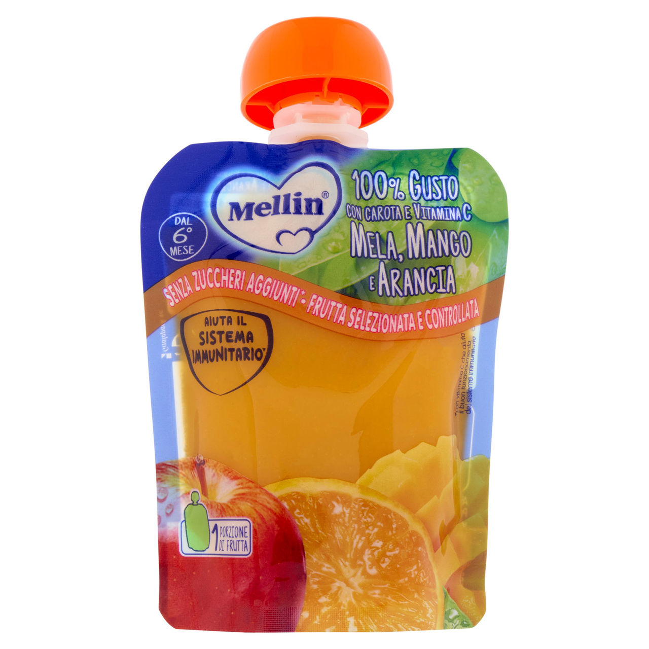 MELLIN Merenda di Frutta 100% con Carota, Arancia e Mango, a partire dal 6° mese, Pouch 90 g