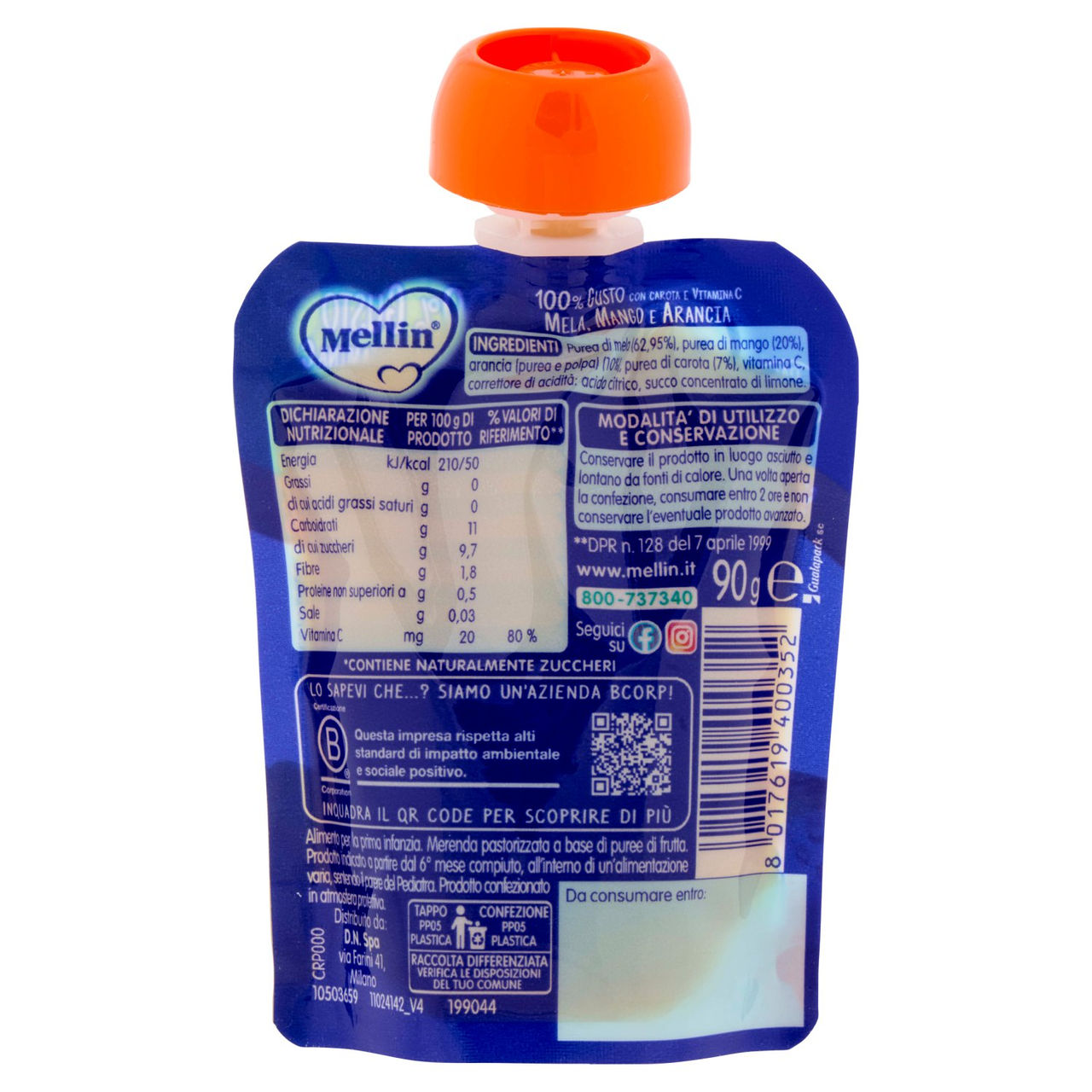 MELLIN Merenda di Frutta 100% con Carota, Arancia e Mango, a partire dal 6° mese, Pouch 90 g