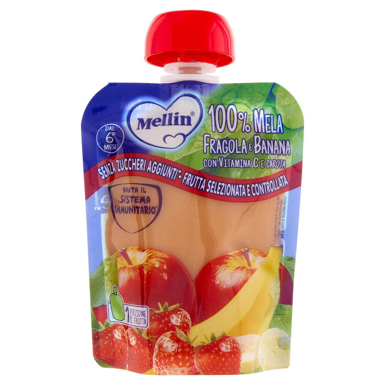 MELLIN Merenda di Frutta 100% con Carota e Vit C, Mela Fragola e Banana, dal 6° mese, Pouch 90 g
