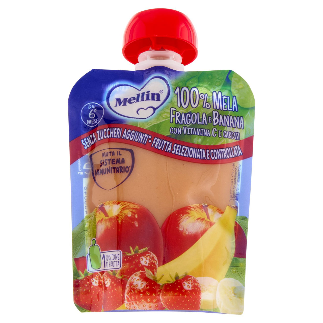 MELLIN Merenda di Frutta 100% con Carota e Vit C, Mela Fragola e Banana, dal 6° mese, Pouch 90 g