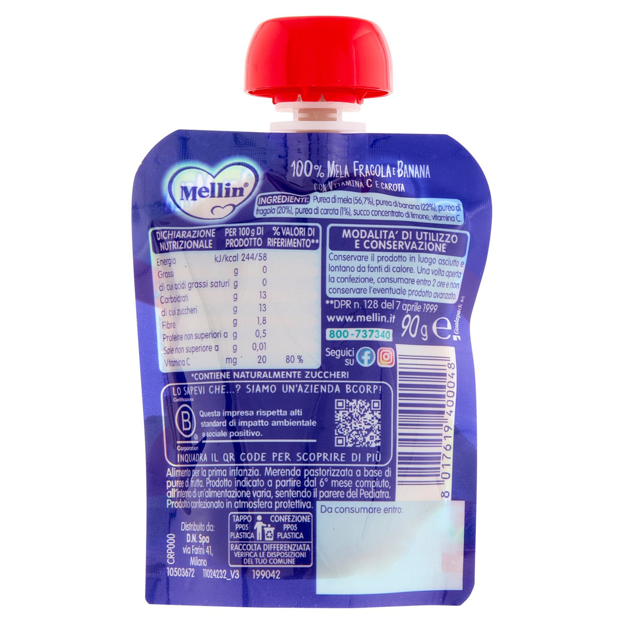 MELLIN Merenda di Frutta 100% con Carota e Vit C, Mela Fragola e Banana, dal 6° mese, Pouch 90 g