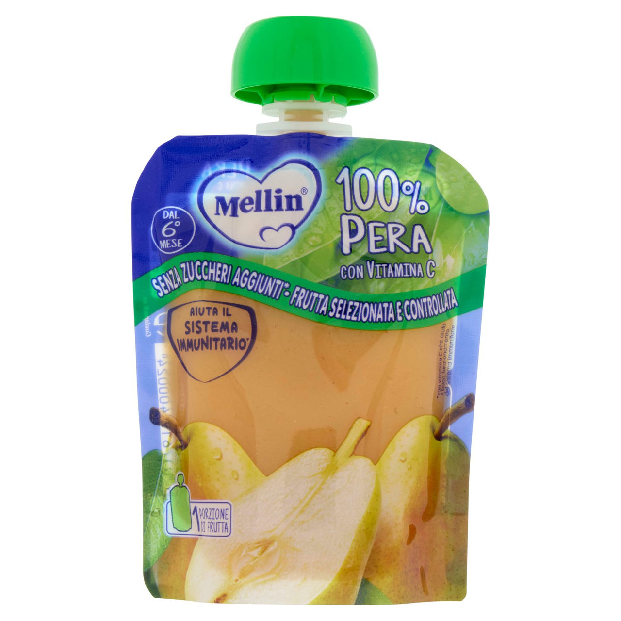 MELLIN Merenda di Frutta 100% con Vitamina C, Pera, a partire dal 6° mese, Pouch 90 g