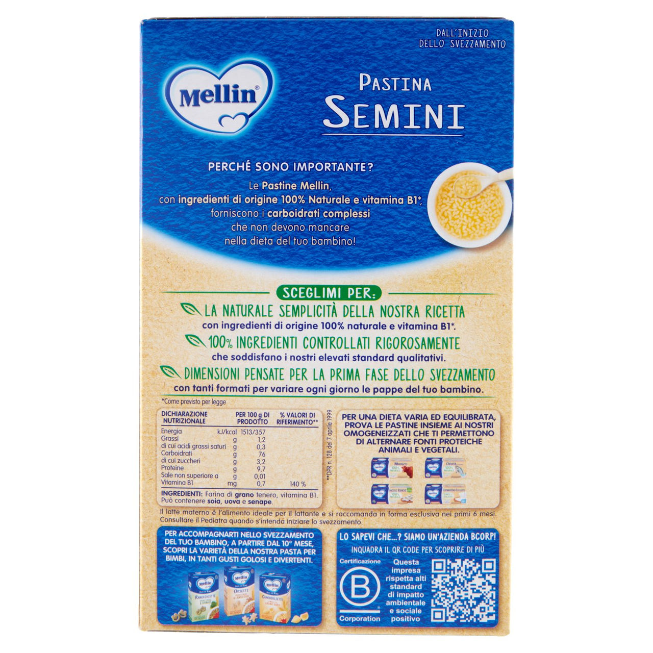 MELLIN Pastina 100% Naturale Semini con farina Grano Tenero 320 g
