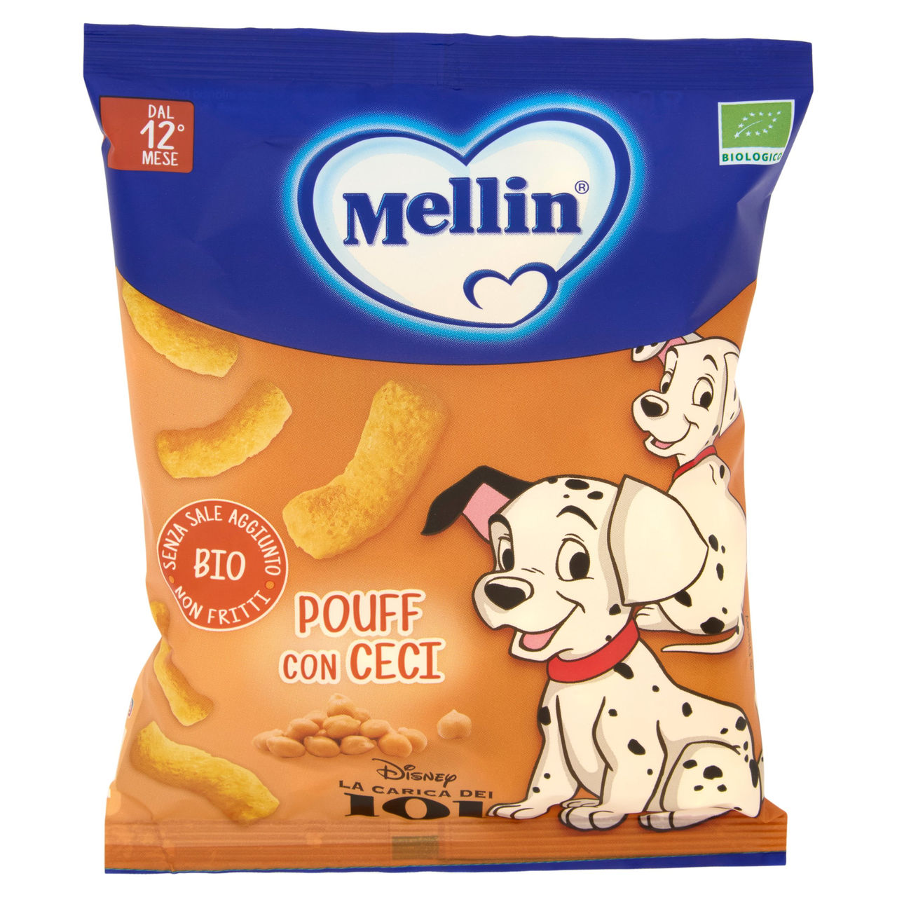 MELLIN Pouff con Ceci, Disney LaCaricaDei101, Snack Biologico, Senza Glutine, adatto dai 12 mesi 20g