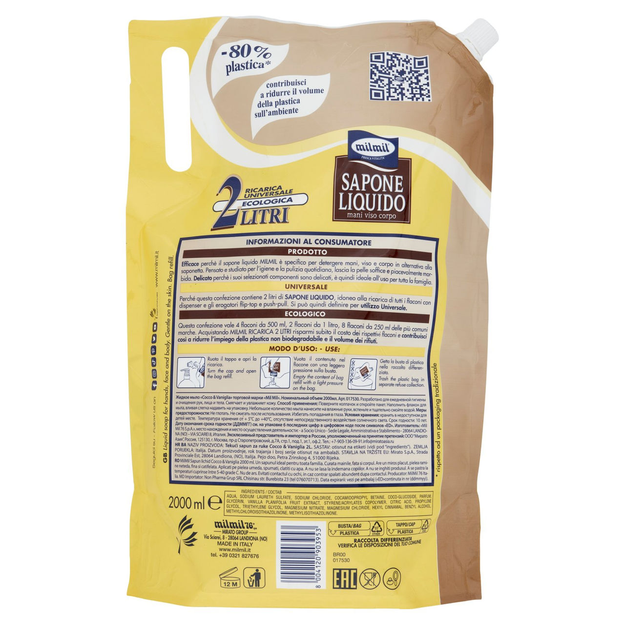 milmil Sapone Liquido Cocco & Vaniglia Ricarica Universale Ecologica 2 Litri