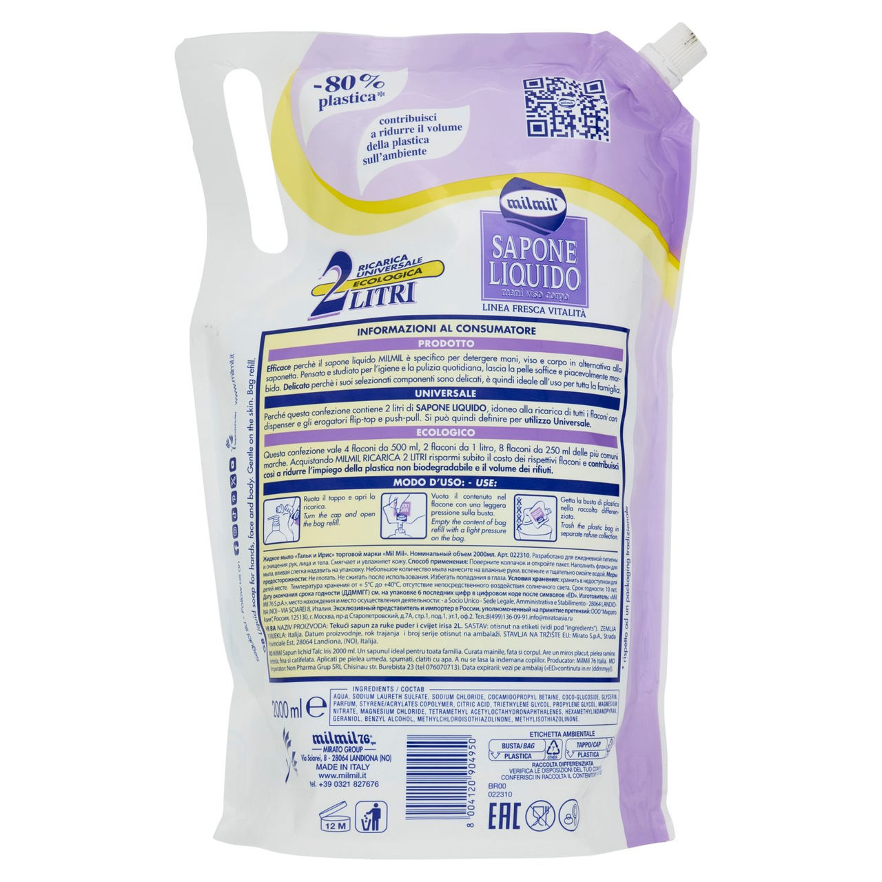 milmil Sapone Liquido Talco & Iris Ricarica Universale Ecologica 2 Litri