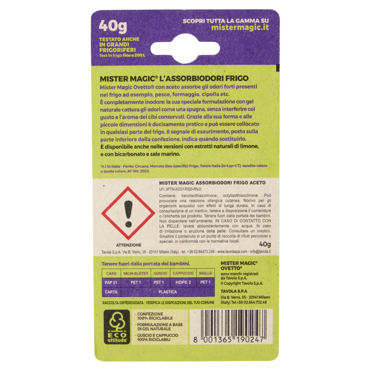 mister Magic l'Assorbiodori Frigo con Aceto 40 g