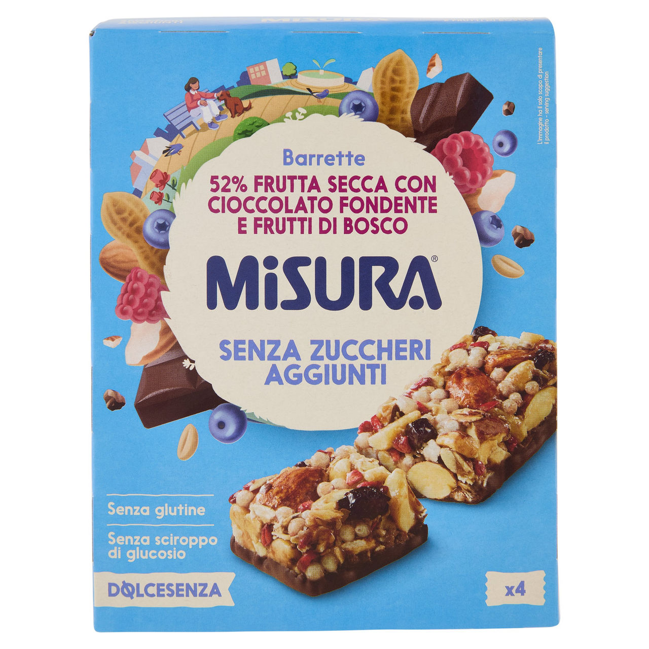Misura Dolcesenza Barrette 52% Frutta Secca con Cioccolato Fondente e Frutti di Bosco 4 x 30 g