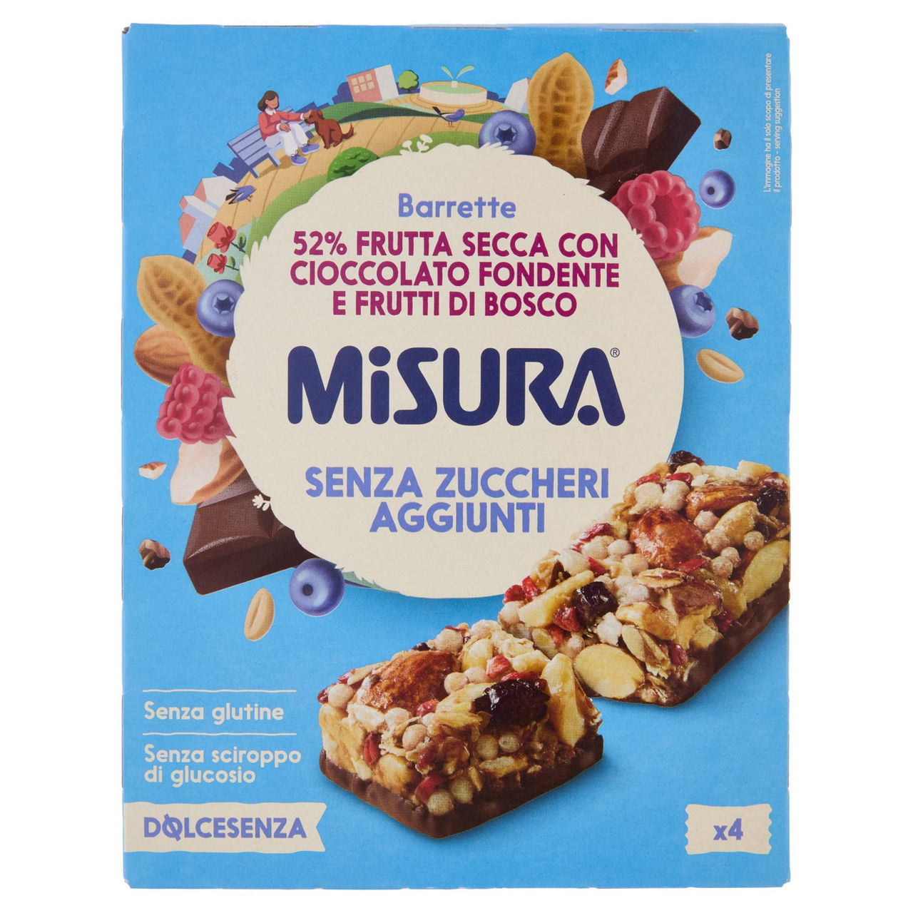 Misura Dolcesenza Barrette 52% Frutta Secca con Cioccolato Fondente e Frutti di Bosco 4 x 30 g