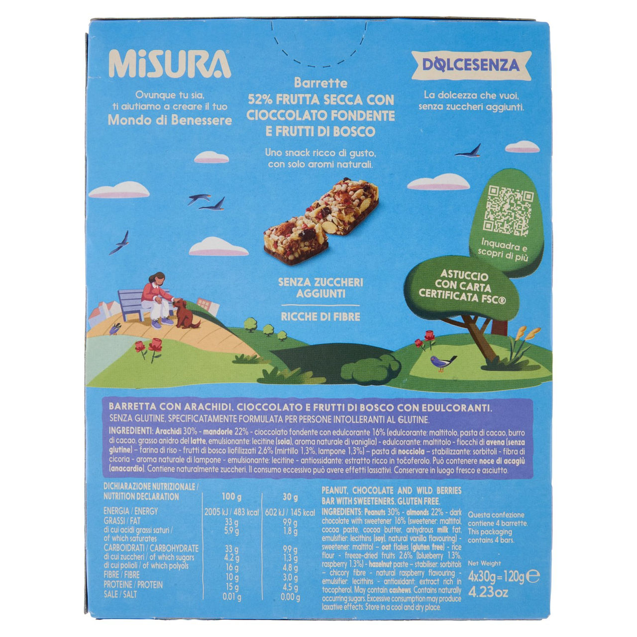 Misura Dolcesenza Barrette 52% Frutta Secca con Cioccolato Fondente e Frutti di Bosco 4 x 30 g