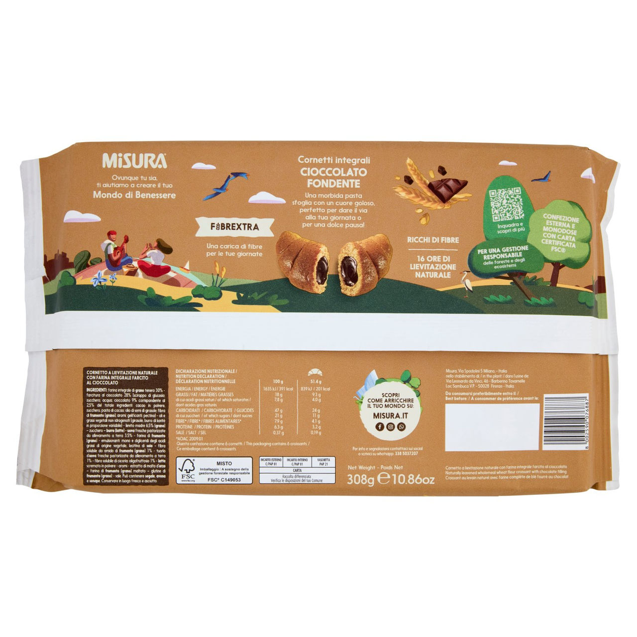 Misura Fibrextra 6 Cornetti integrali Cioccolato Fondente 308 g