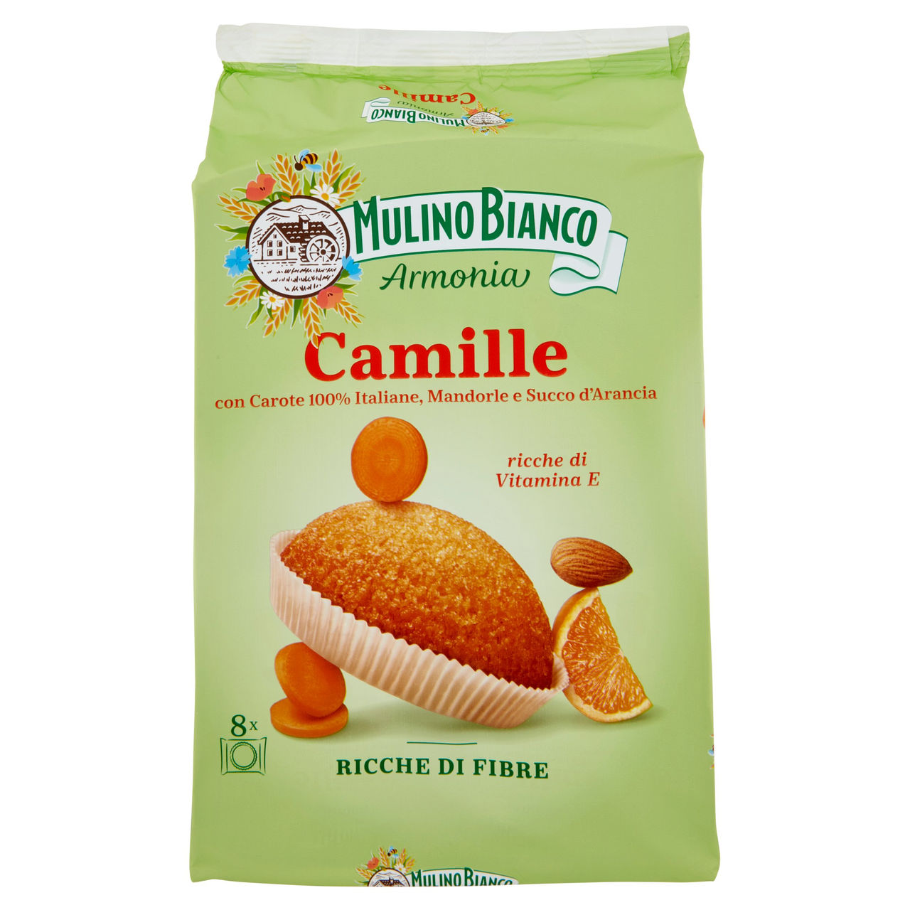 Mulino Bianco Armonia Camille Merenda Ricca di Fibre Carote Mandorle Succo d'Arancia 8 tortine 304g