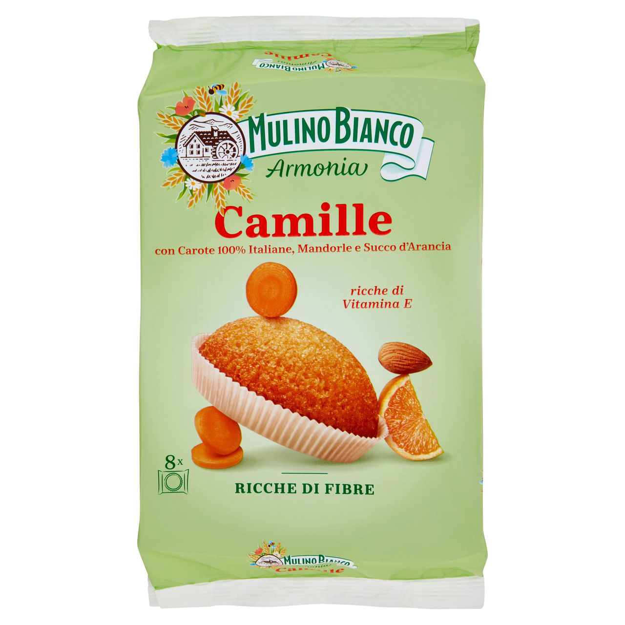 Mulino Bianco Armonia Camille Merenda Ricca di Fibre Carote Mandorle Succo d'Arancia 8 tortine 304g